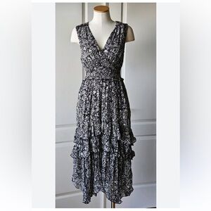 Anthropologie Marcella Tiered Black and White Floral, Vneck MidiDress Size: XL